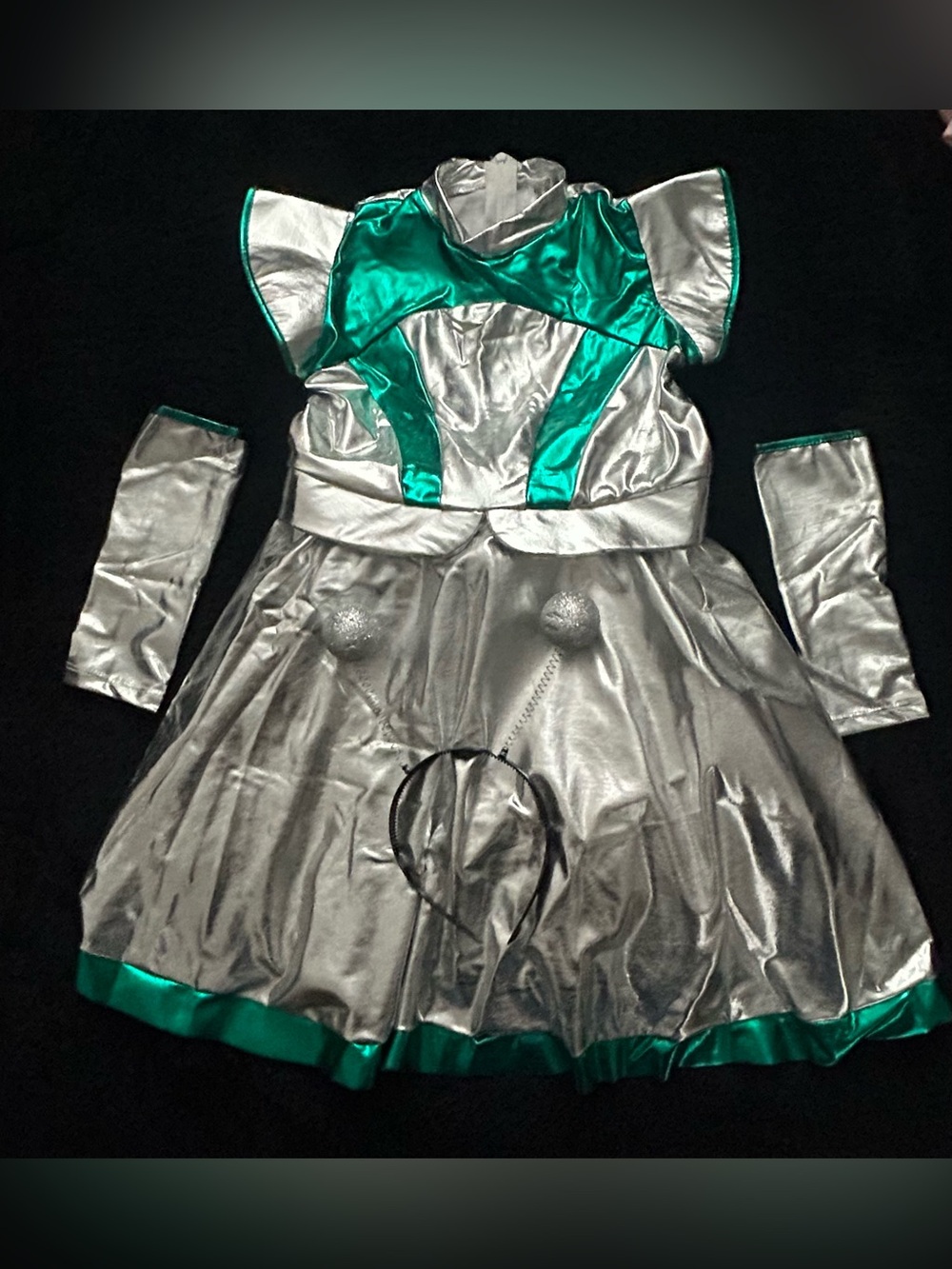 Girls Silver & Teal/ green Space Alien Costume Dress with Headband